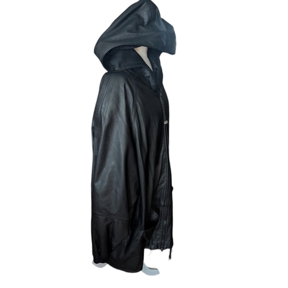 Leather Coat Vtg Venezia long black hooded leather zip front jacket  coat sz 26 - Picture 5 of 10